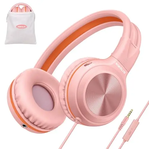 SIMOLIO pink wired headphones for kids with volume limiter