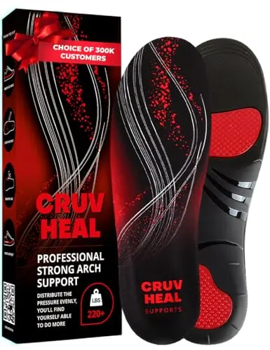 CRUVHEAL black high arch support insoles with gel pads for heavy users
