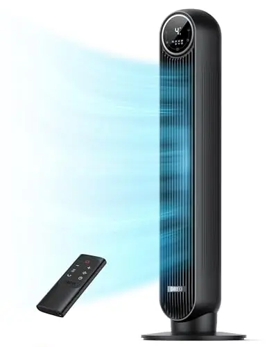 Dreo black compact tower fan with remote