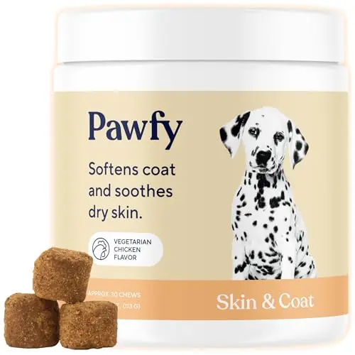 Pawfy Skin & Coat Chews with salmon oil for dog allergies