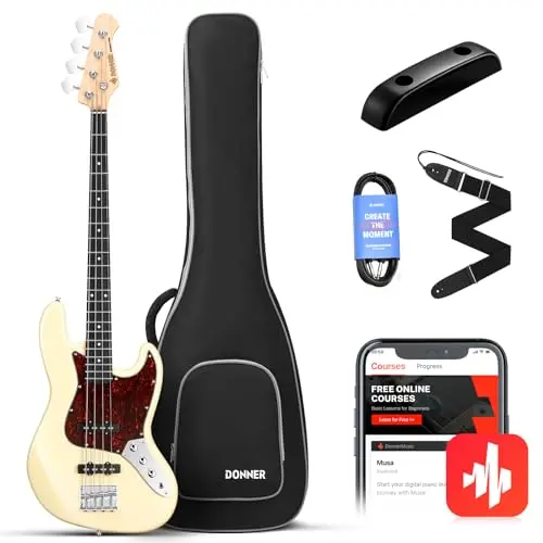 Donner JB-Style Electric Bass Guitar in white finish with laurel fingerboard