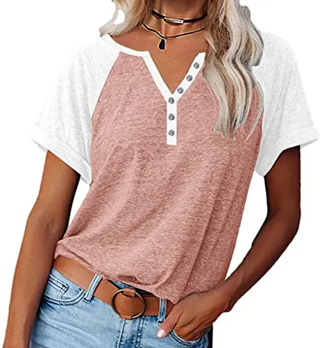 MaQiYa women's henley v-neck color block t-shirt
