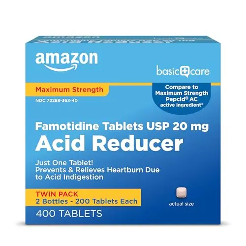 Amazon Basic Care famotidine tablets for heartburn prevention and relief