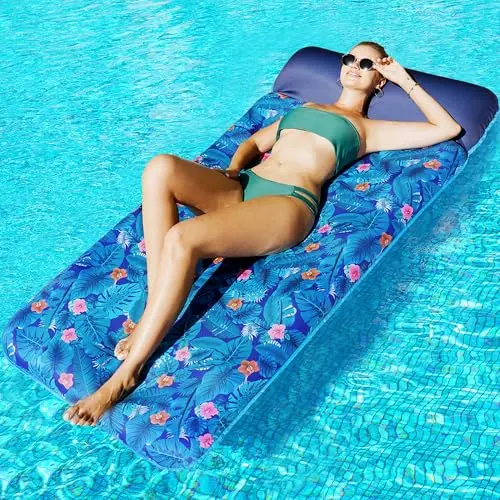 FindUWill oversized fabric-covered pool lounger in monstera blue pattern