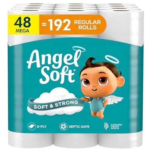 Angel Soft toilet paper mega rolls in white packaging