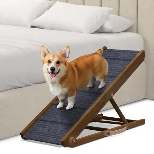 PATHOSIO PETS walnut wood dog ramp with grey carpet