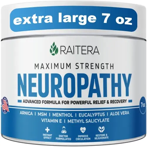 Raitera Neuropathy Relief Cream jar showing natural ingredients for nerve comfort