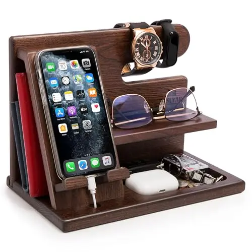 TESLYAR solid wood phone docking station with compartments for phone, wallet, and watch