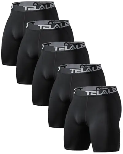 TELALEO 5-pack compression shorts showing four-way stretch fabric