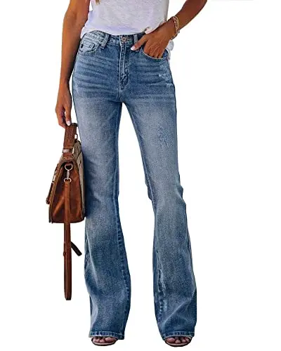 Koinshha Womens High Waisted Jeans Flare Stretch Boyfriend Casual Bootcut Denim Pants in light blue