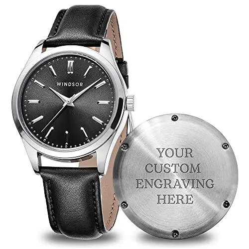 WINDSOR engraved men's watch with leather band and custom message