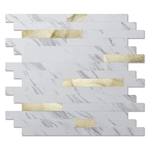Art3d peel and stick shower wall tiles in white slate with gold studded design