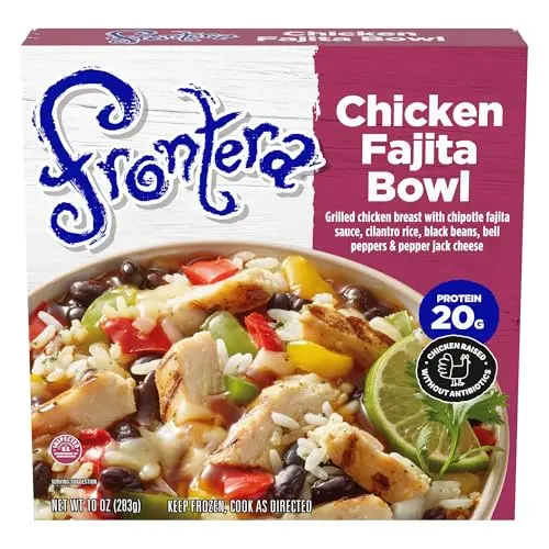 Frontera chicken fajita bowl with rice, beans, and peppers