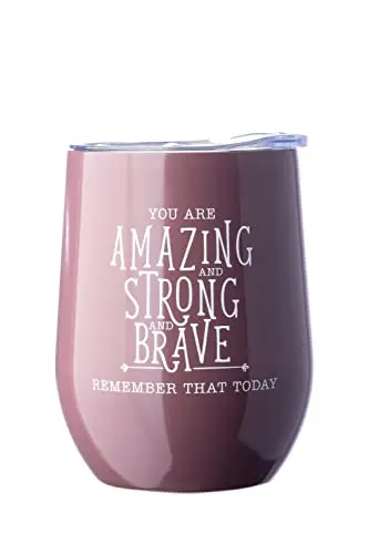 Mauve colored insulated wine tumbler with inspirational message