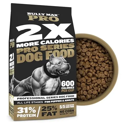 Bully Max Pro 2X high calorie dog food bag showing chicken flavor kibble