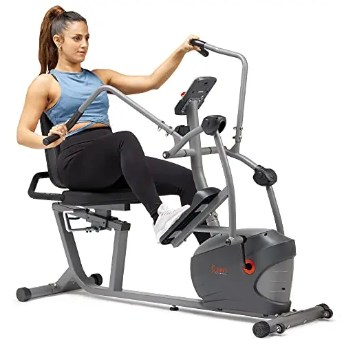 Sunny Health & Fitness recumbent elliptical bike with moving handles