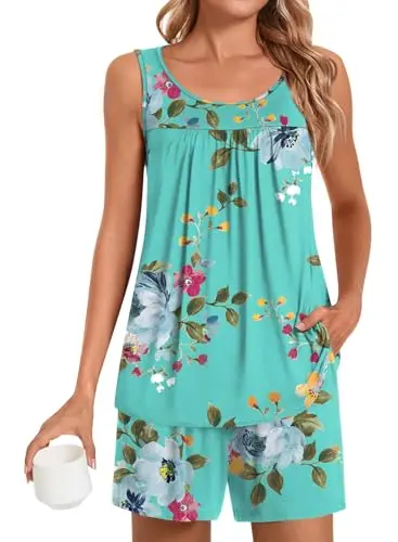 POPYOUNG women's sleeveless pajama set with shorts and pockets