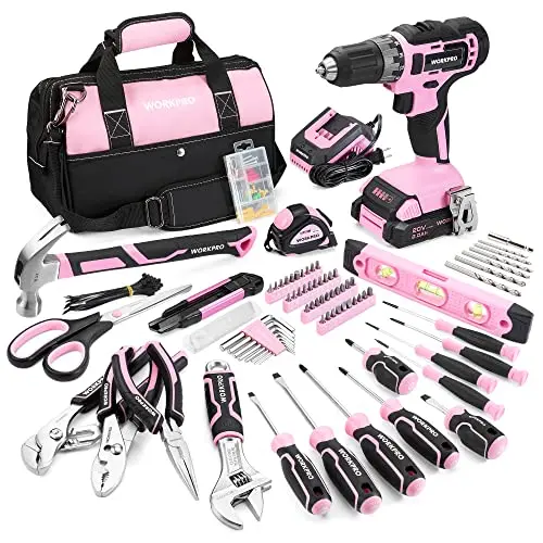 WORKPRO pink cordless drill and tool set in storage bag