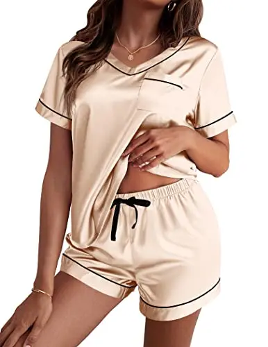 Ekouaer women's satin pajama set with v-neck top and shorts