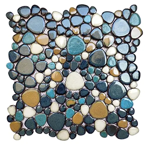 Parrotile aqua cobalt blue pebble mosaic shower floor tiles