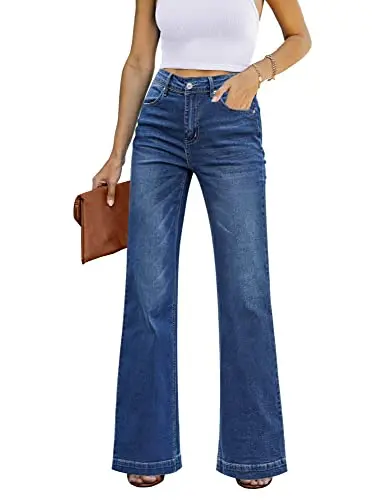 GRAPENT High Waisted Wide Leg Pants in dark blue wash