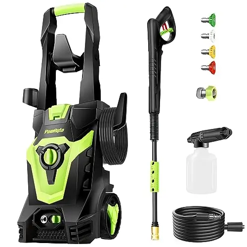 PowRyte green electric pressure washer with multiple nozzles