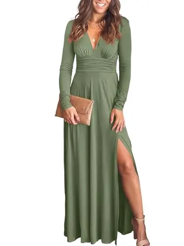 ANRABESS women's deep V-neck long sleeve formal maxi dress with side slit