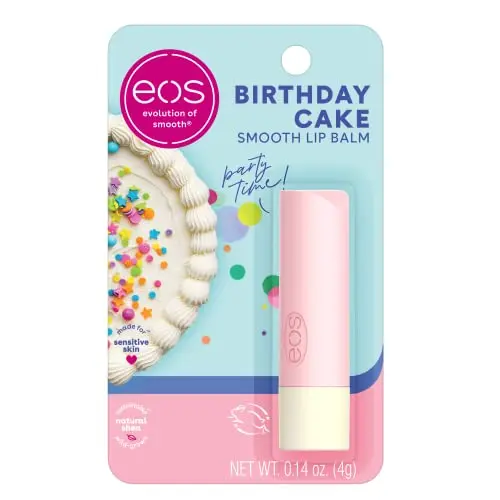 eos Natural Shea Lip Balm in birthday cake flavor with spherical container