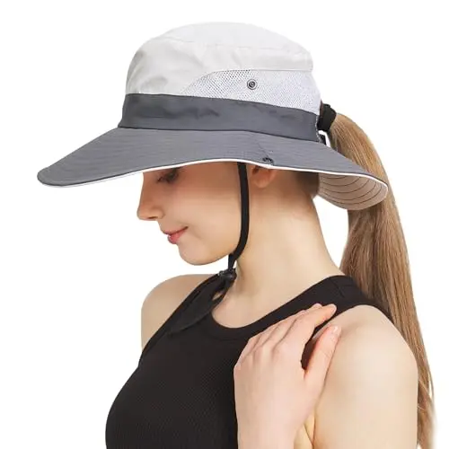 NPQQUAN women's ponytail bucket hat with mesh panels in beige and grey