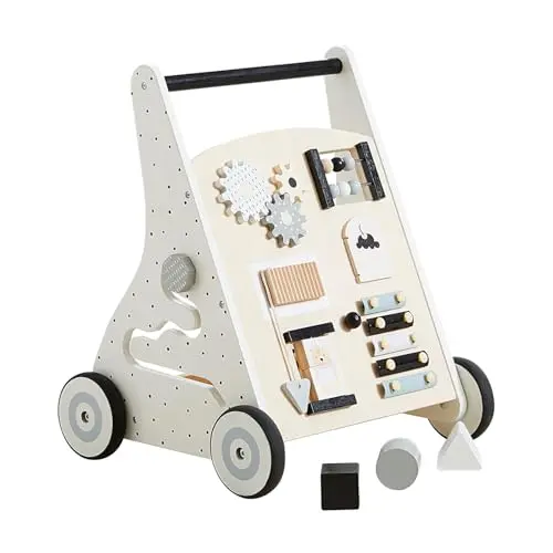 Beright wooden baby walker with xylophone, mirror, and shape sorters in natural finish