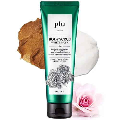PLU walnut body scrub in tube with white musk scent