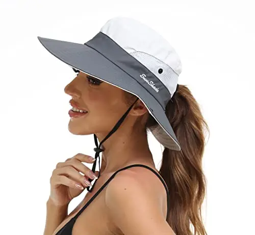 AEFSHAN women's mesh sun hat with ponytail hole in grey and beige