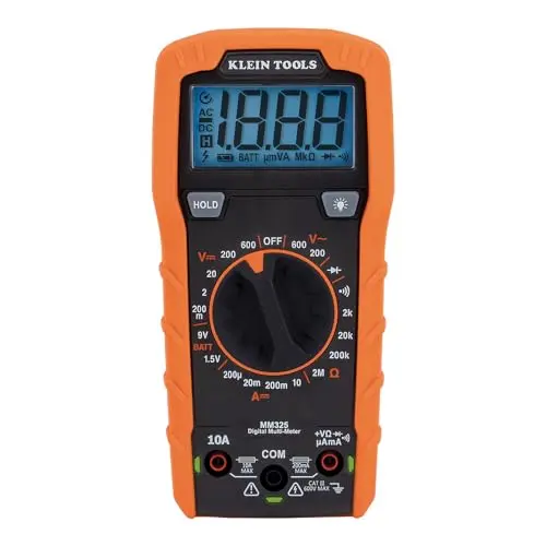 Klein Tools MM325 digital multimeter with orange and black design