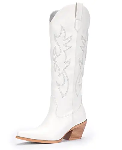 Pasuot white embroidered cowboy boots with wide calf design