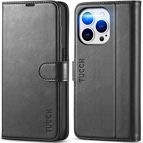 TUCCH flip wallet case for iPhone 14 Pro with RFID blocking and shockproof protection