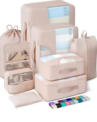 Veken cream-colored packing cube set with multiple sizes and accessories