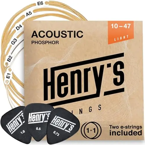 Henry's Strings light gauge acoustic guitar strings with picks