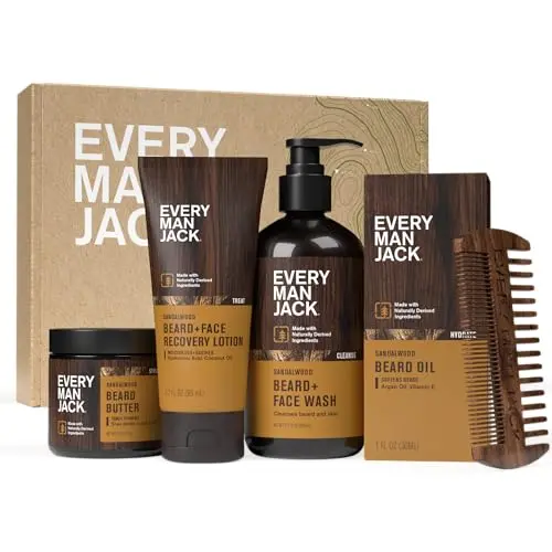 Every Man Jack beard set with multiple products in sandalwood scent