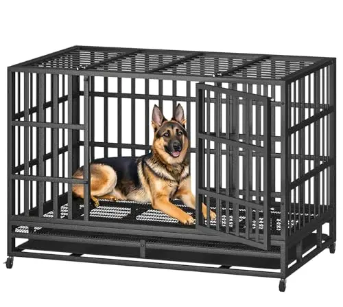 HIWOKK heavy-duty dog crate with double doors and wheels