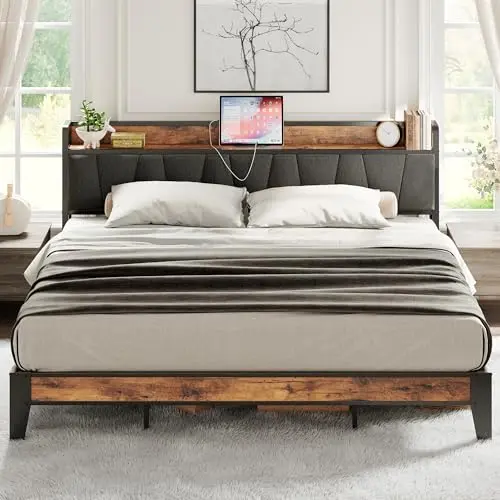 LIKIMIO king size bed frame with storage headboard and charging station