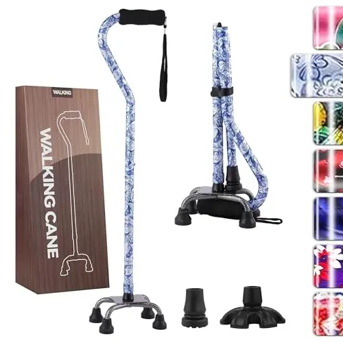 YOKABOZE walking cane with foldable quad base and foam handle