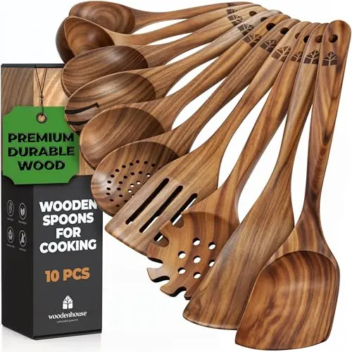 Woodenhouse 10-piece teak wood cooking utensils set with various spoons and spatulas