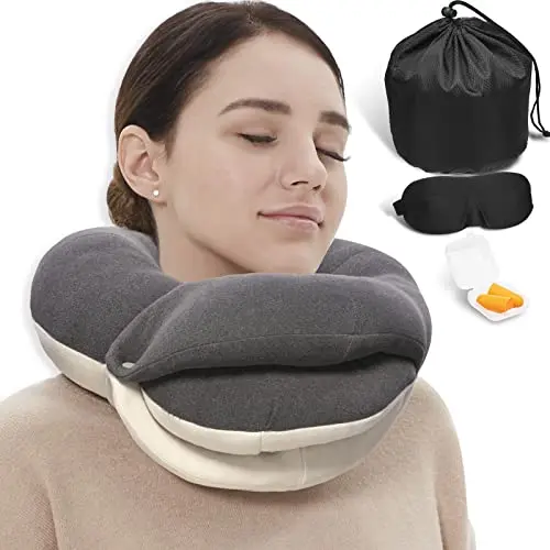BUYUE travel pillow with 360-degree support and included sleep accessories