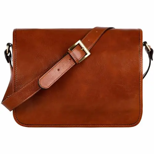 Time Resistance larger leather messenger bag in cognac brown
