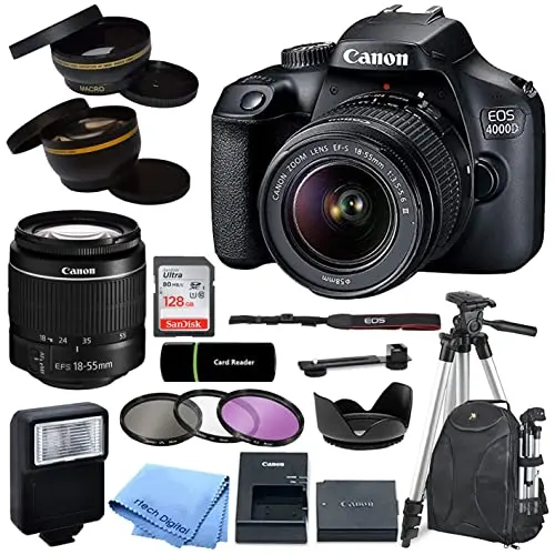 Canon EOS 4000D DSLR camera with accessories