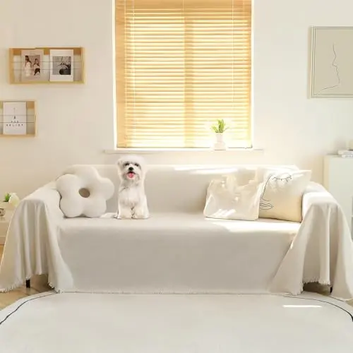 MEETSKY beige chenille couch cover protecting sofa from pets