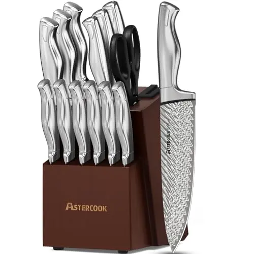 Astercook 15-piece kitchen knife set with wooden block and built-in sharpener