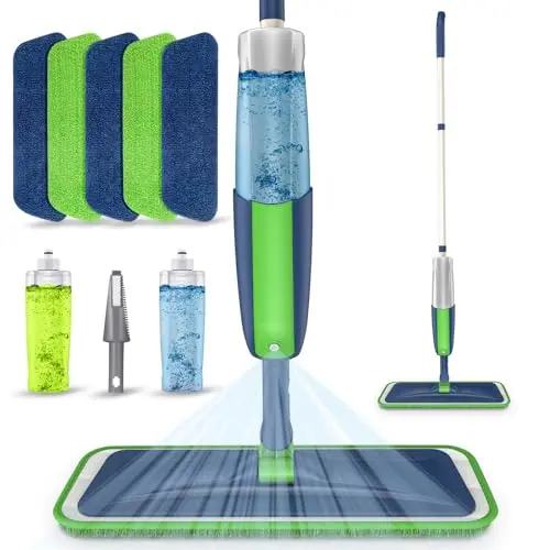 MEXERRIS wet mop with green handle, refillable bottles, and multiple microfiber pads