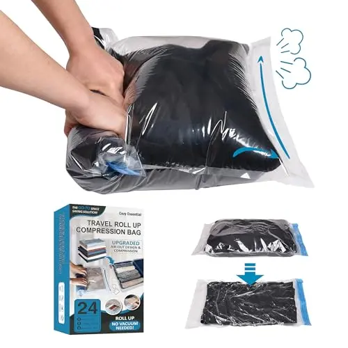 Cozy Essential 24-pack compression bags in transparent material with various sizes