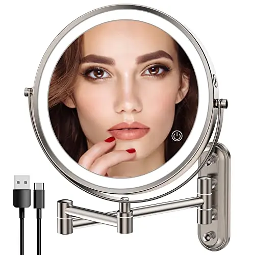 Rocollos Wall Mounted Lighted Makeup Mirror with extendable arm and brushed nickel finish